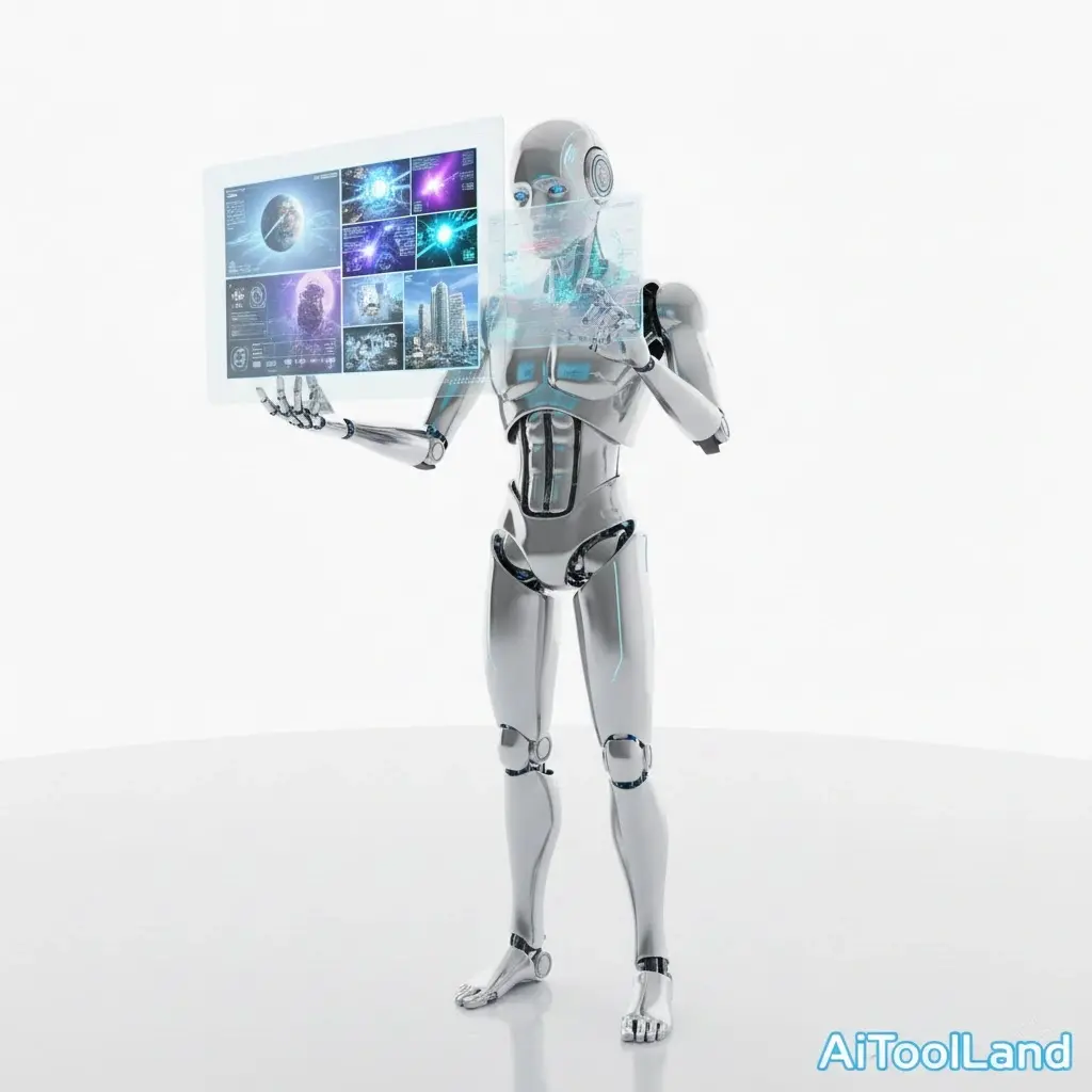 A humanoid robot creating digital art and video content on futuristic holographic screens using artificial intelligence.