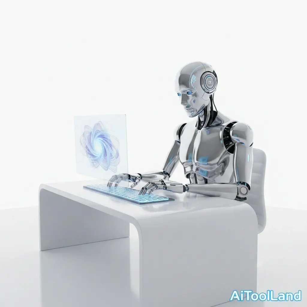 A humanoid robot writing professional blog posts and marketing content using artificial intelligence.