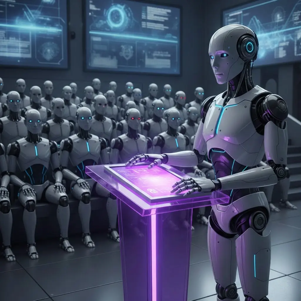Core AI Models & LLM Assistants: A Strategic Comparison Guide A high-tech robot presenting a comparative analysis of core AI models and LLM assistants on a digital podium in a futuristic setting.