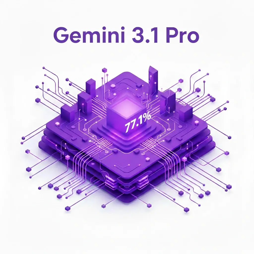 A futuristic 3D isometric illustration of a purple microchip architecture featuring the Gemini 3.1 Pro branding and glowing data circuits.