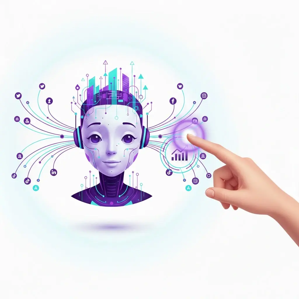 A human hand interacting with an AI interface, illustrating the human-in-the-loop strategy in a social media automation guide.