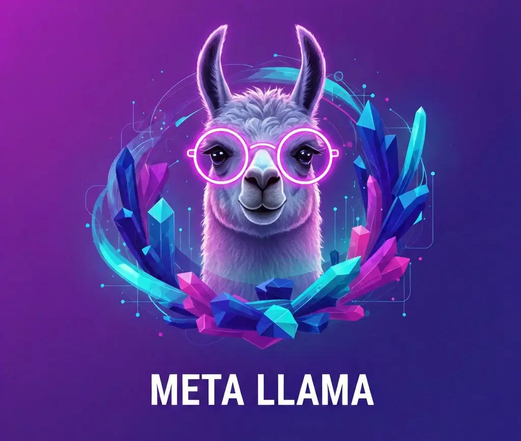 A stylized illustration of a Llama with neon pink glasses surrounded by blue and purple crystals, representing Meta Llama AI.