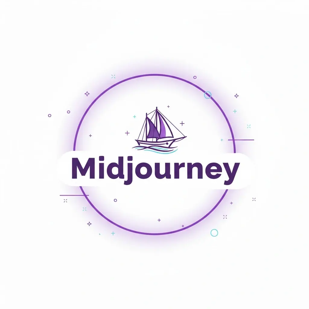 Midjourney sailboat logo on a purple and white minimalist background for Midjourney review article.