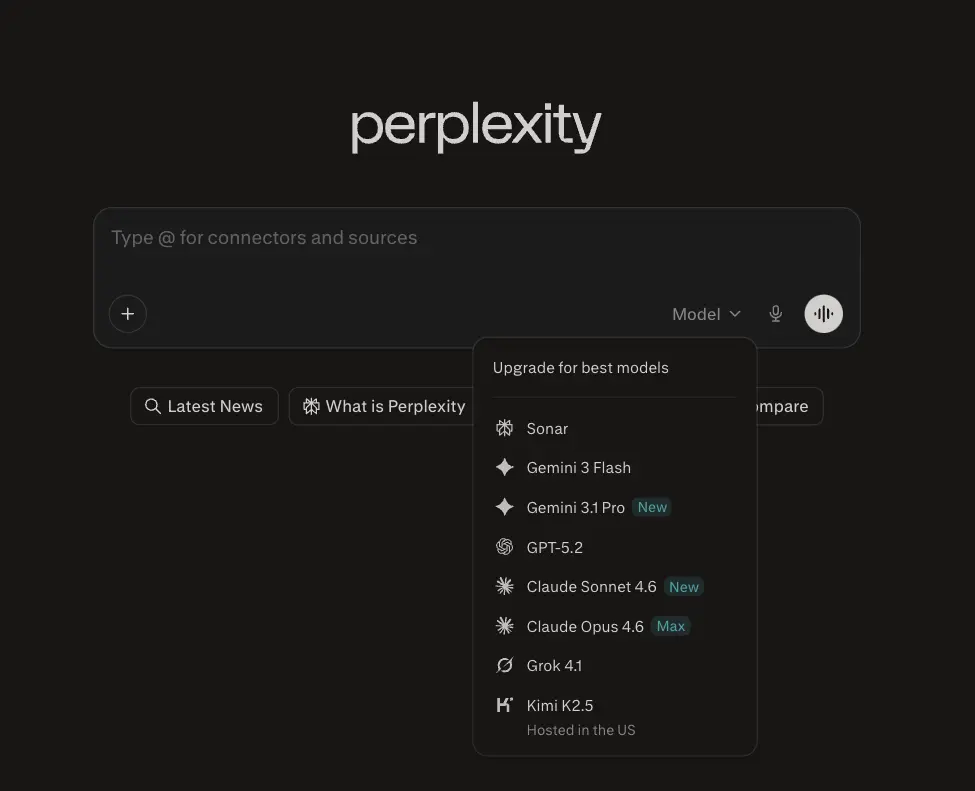 Screenshot of Perplexity AI interface showing the model selection dropdown with options like Sonar, Gemini 3.1 Pro, GPT-5.2, and Claude 4.6.