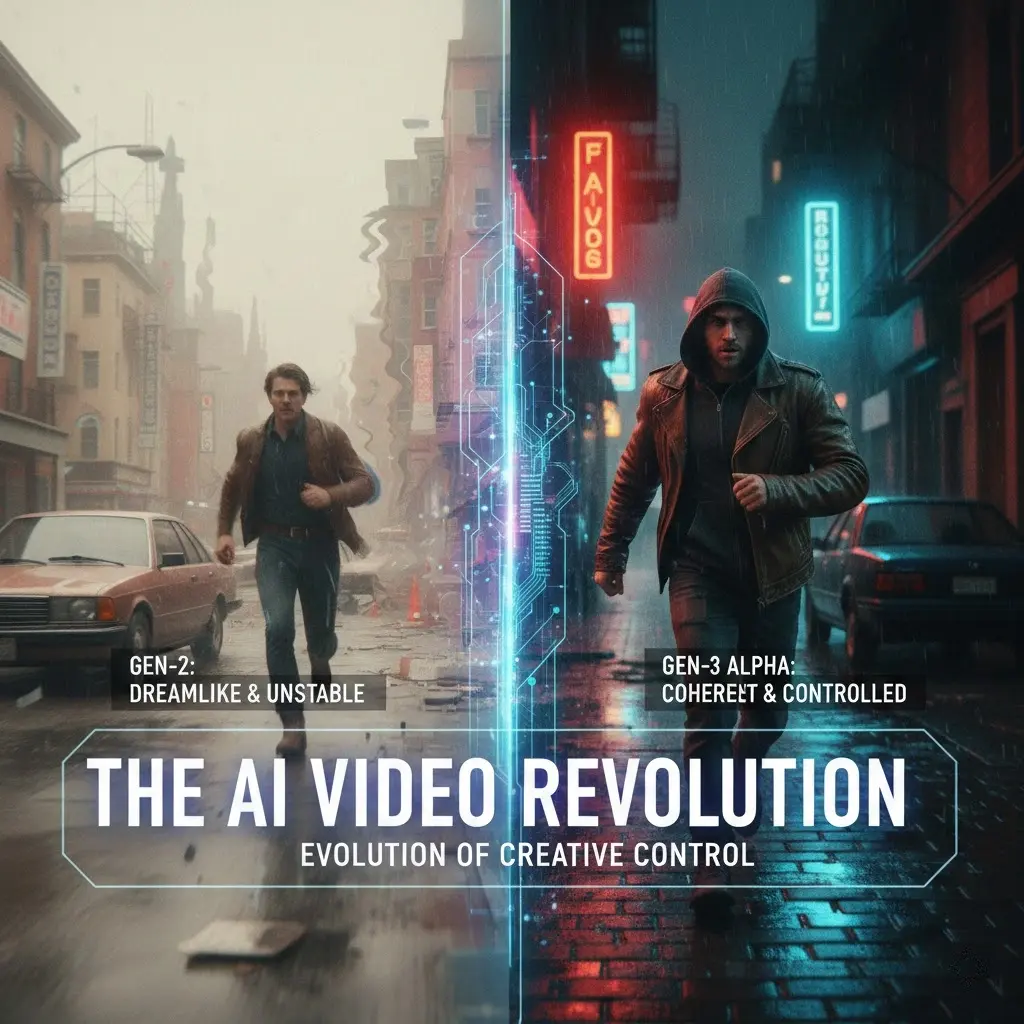 Comparison of Runway Gen-2 vs Gen-3 Alpha showing improvements in AI video consistency and motion control.