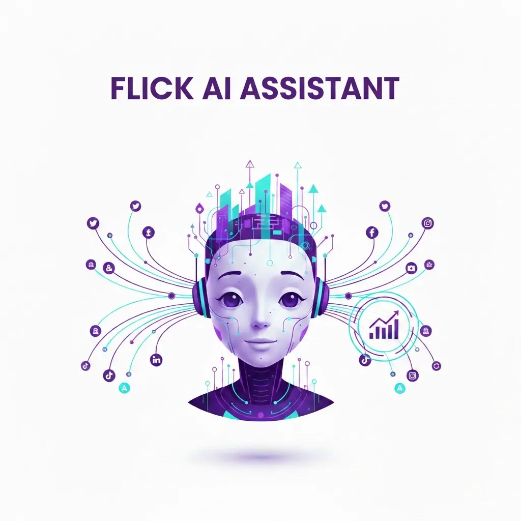 A technical illustration of Flick AI assistant connecting various social media platforms, representing a social media automation guide.