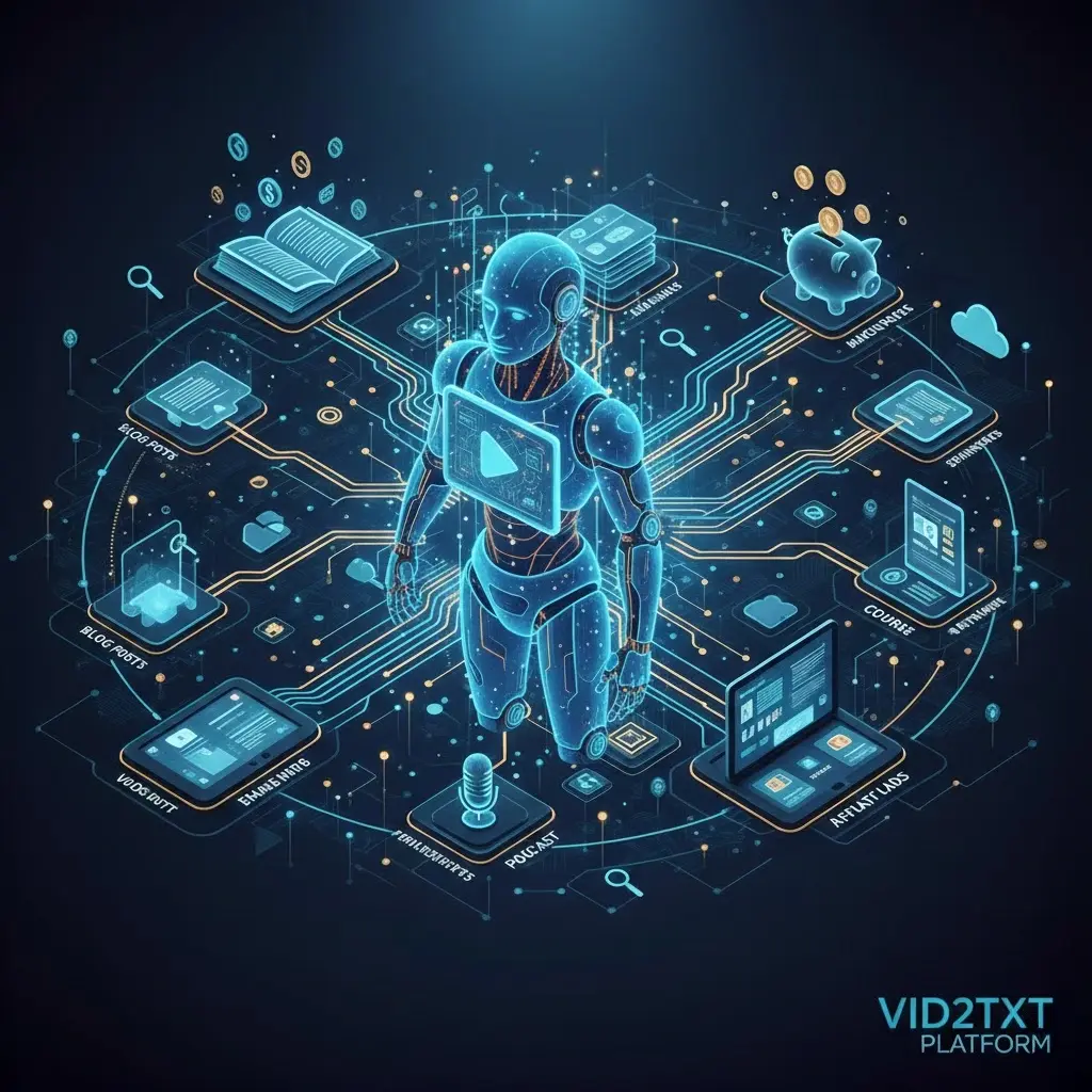 A futuristic AI robot transforming video content into blog posts, podcasts, and digital products for revenue generation.