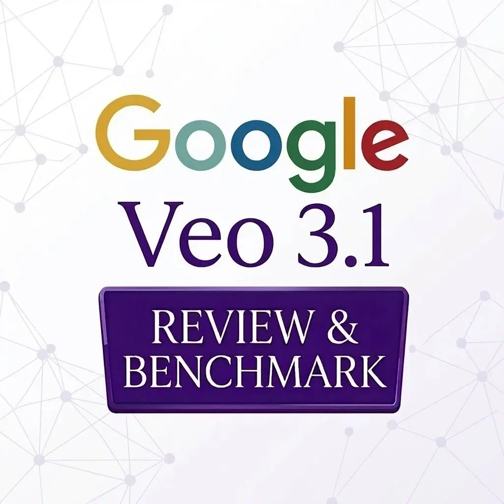 Official-style graphic for Google Veo 3.1 Review and Benchmark, featuring a futuristic network-style logo design and a purple call-to-action button against a geometric background.