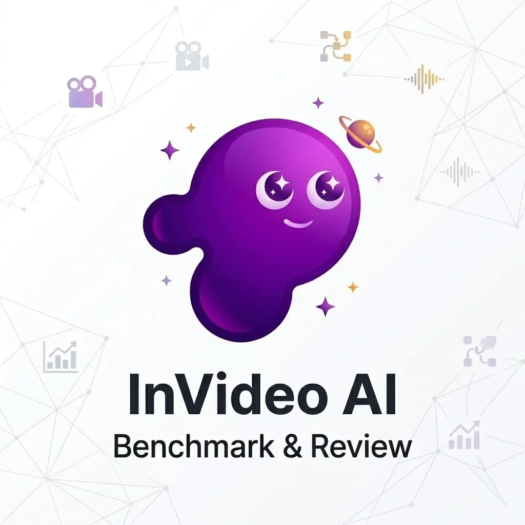 Modern graphic featuring a purple mascot with AI icons and the text InVideo AI Benchmark and Review.