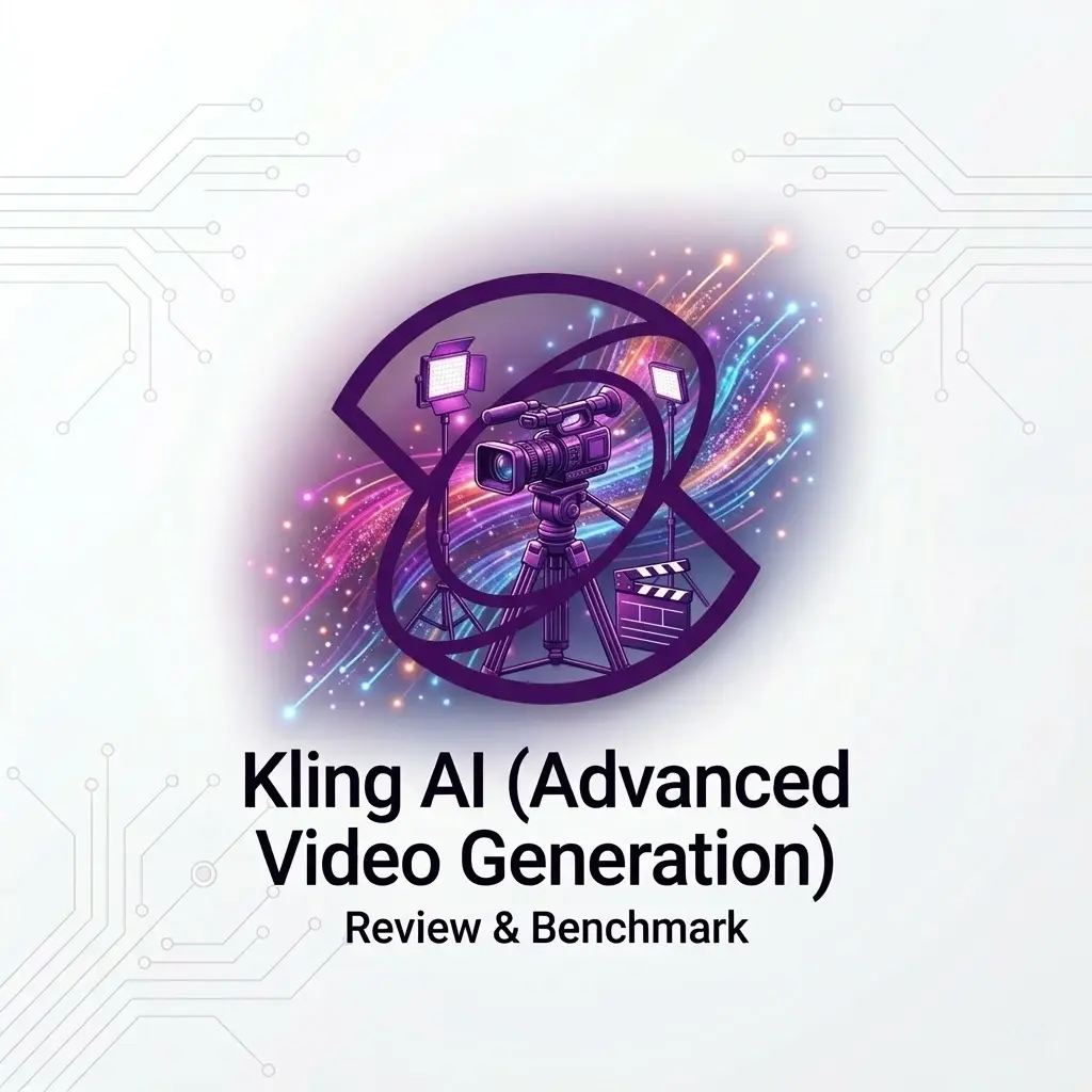 Kling AI logo with professional video production gear including camera and studio lights on a high-tech circuit background for video generation review.