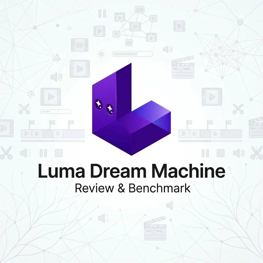 Luma Dream Machine AI video generator official logo with review and performance benchmark text overlay.