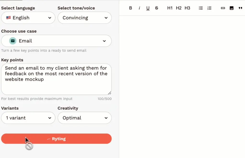 Rytr Ai Interface Email Generation Test Benchmark