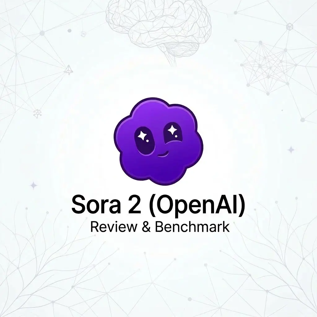 Purple cloud mascot with sparkling eyes representing Sora 2 by OpenAI, featured on a professional review and benchmark report cover with a clean background.