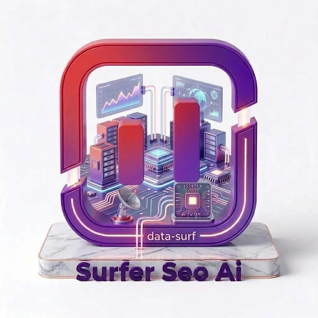 3D isometric illustration of Surfer SEO AI interface featuring data charts, server circuits, and a marble pedestal, in purple and orange gradients.
