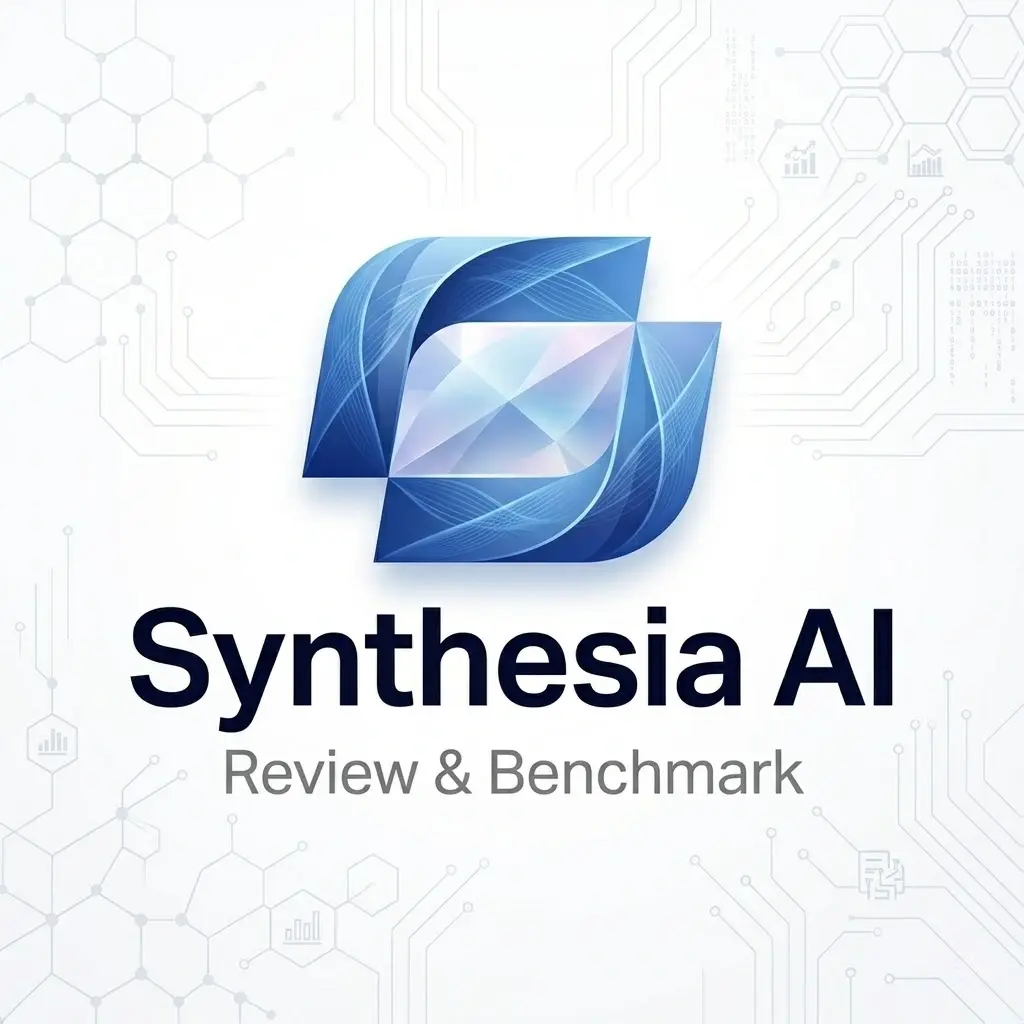 Synthesia AI video generator logo with review and benchmark text on technical background.