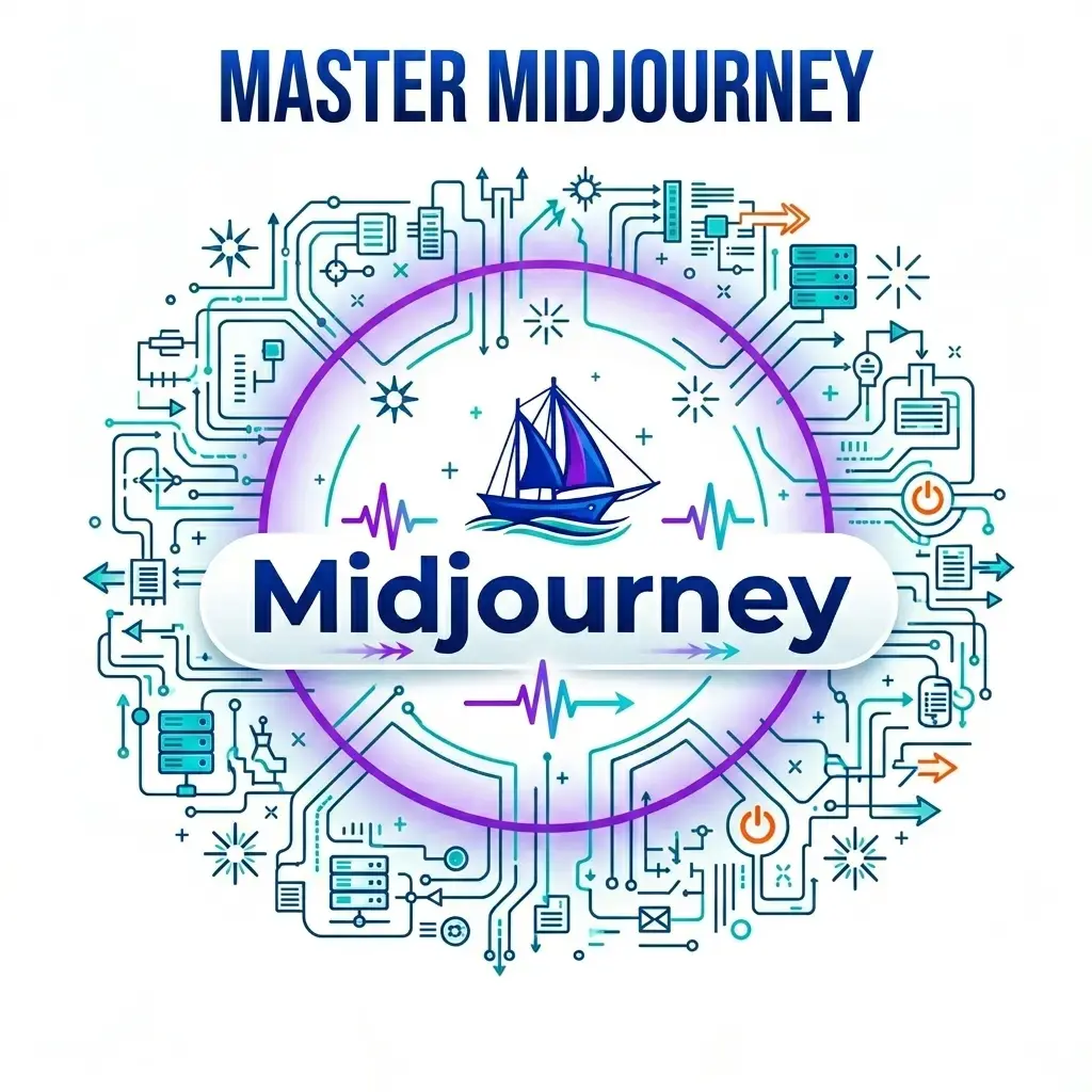 A technical schematic illustration showing Midjourney AI workflow with circuit lines, sailboat logo, and professional design parameters.