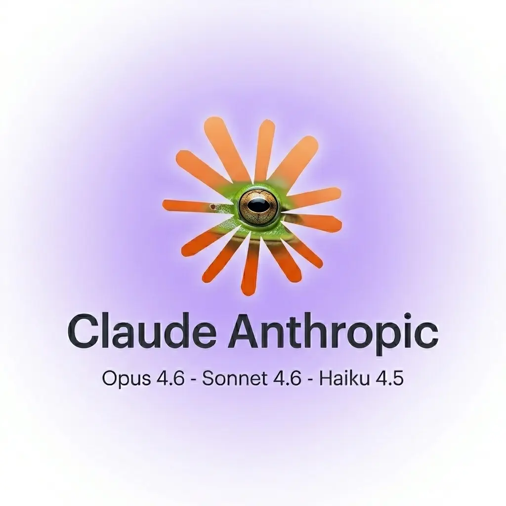 Claude Anthropic model family graphic featuring the orange sun-eye logo with Opus 4.6, Sonnet 4.6, and Haiku 4.5 version labels on a purple gradient background.