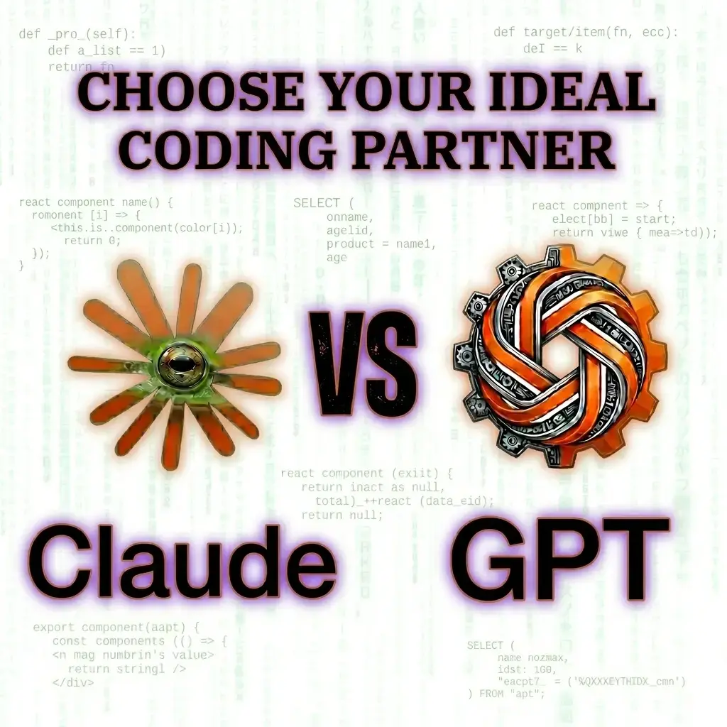 A side-by-side visual comparison of Claude AI and ChatGPT logos with complex React and SQL code snippets in the background.
