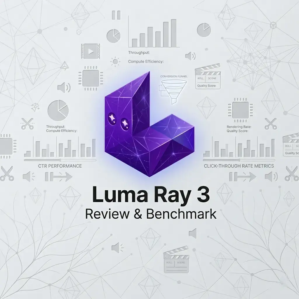 Infographic showing Luma Ray 3 technical review and benchmark metrics including compute efficiency and rendering rate.