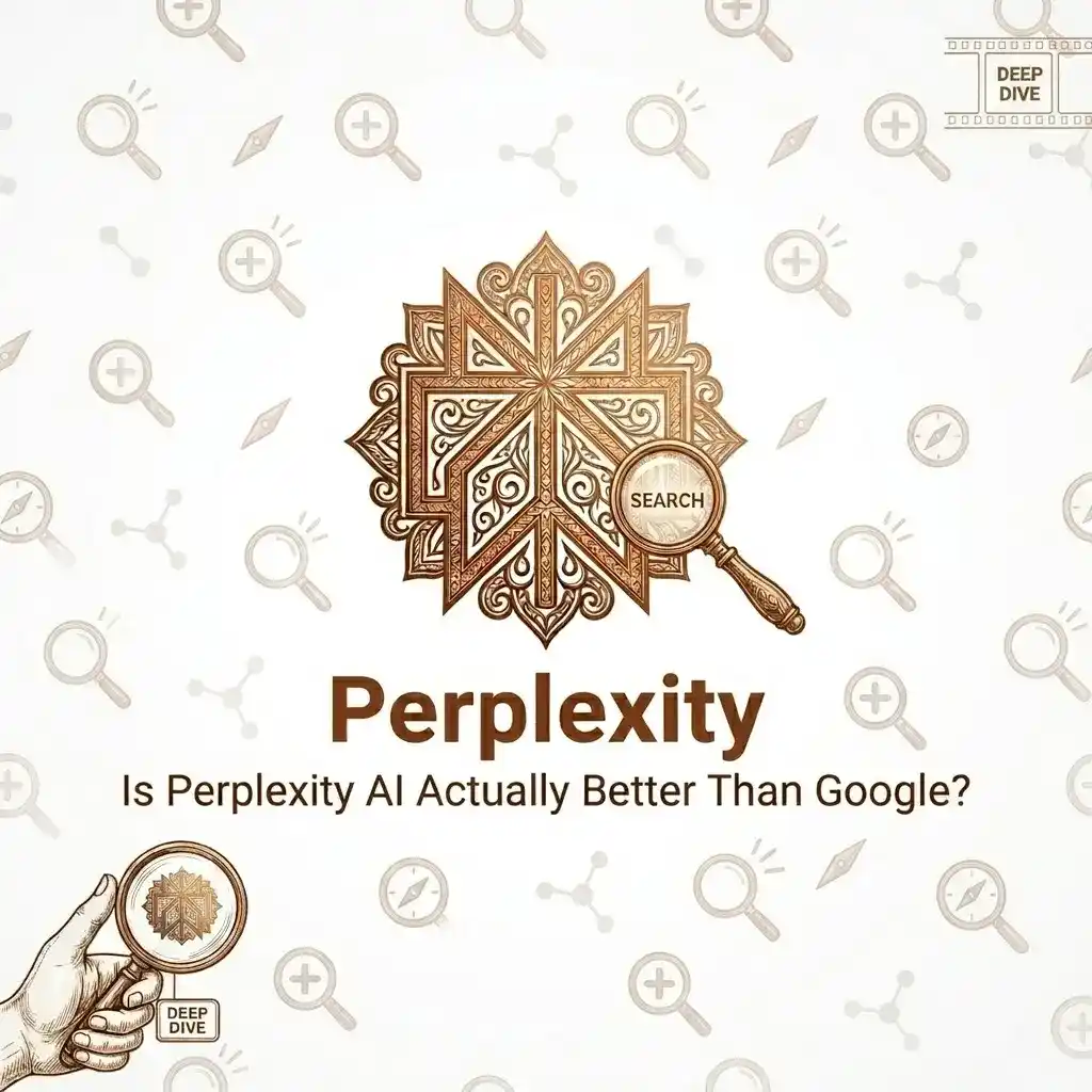 A high-quality Perplexity AI review cover featuring a deep-dive search icon and golden emblem.