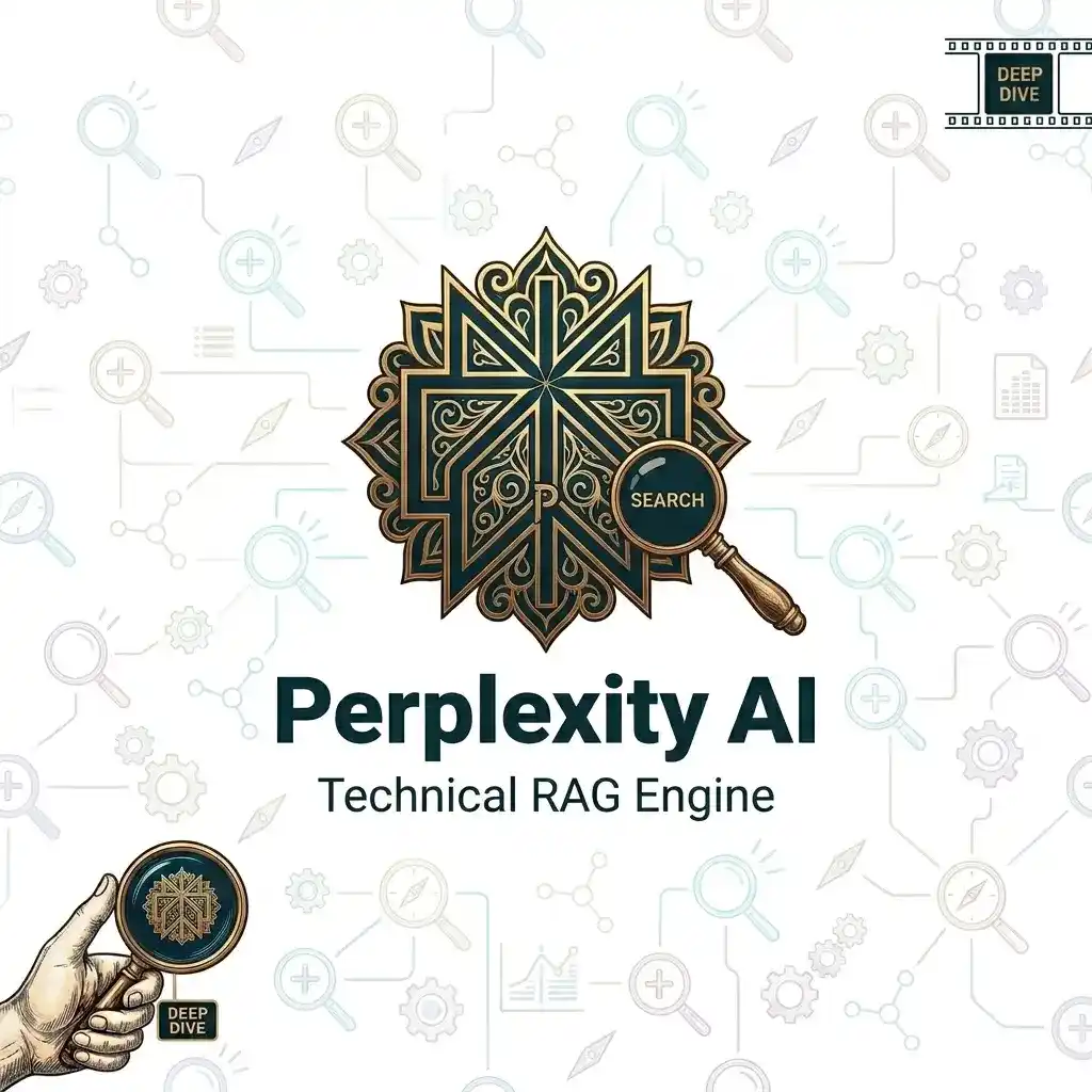 Technical diagram of Perplexity AI RAG engine with a golden search emblem and deep-dive magnifying glass.
