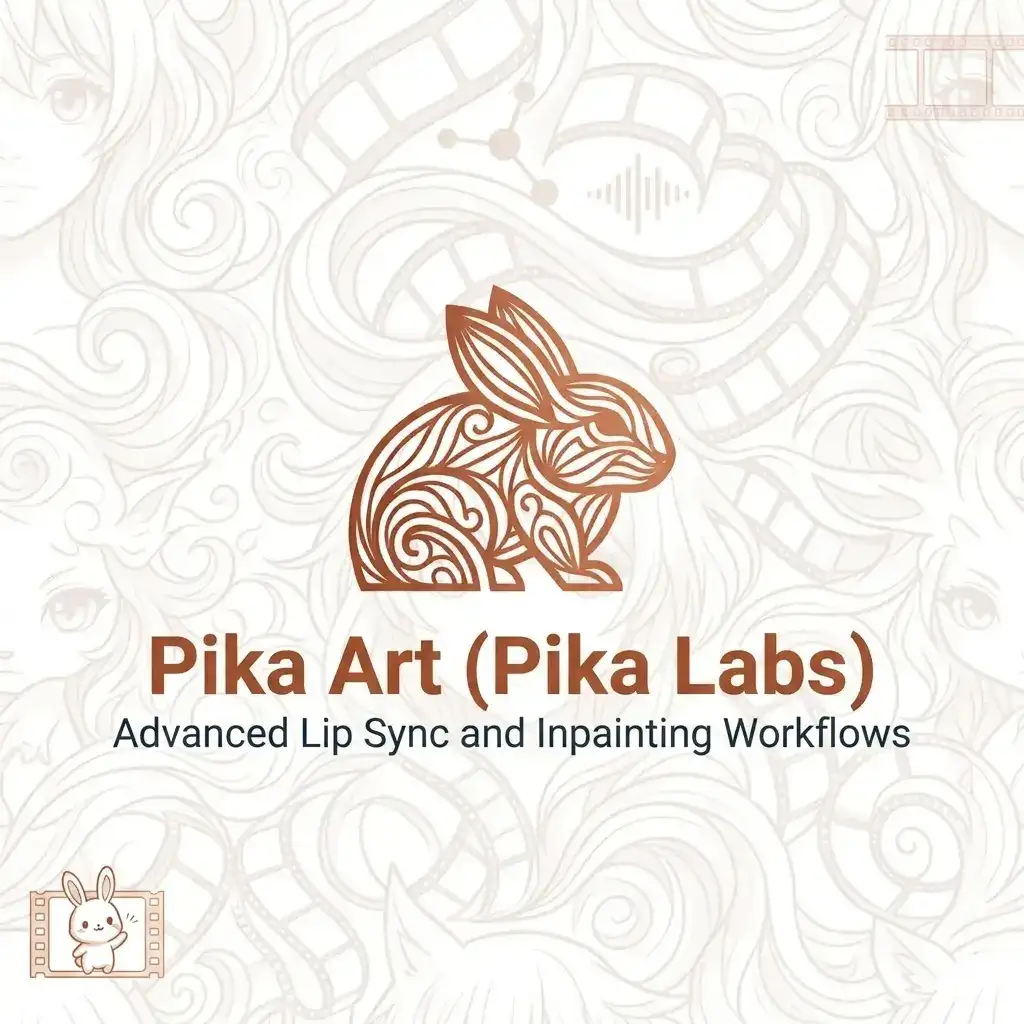 A copper-toned technical cover for Pika Art showing the rabbit logo and cinematic elements, focused on lip sync and inpainting workflows.