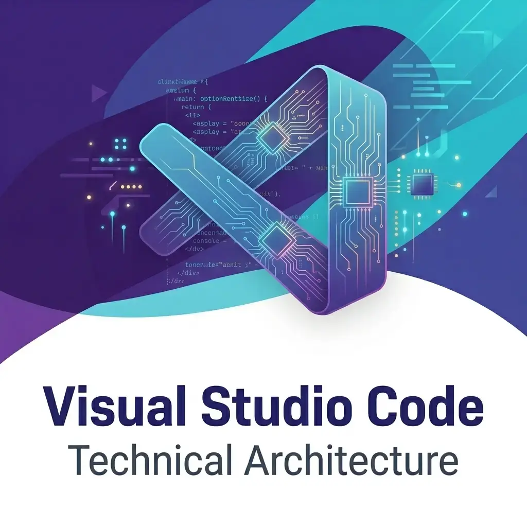 A technical conceptual diagram of Visual Studio Code architecture showing core processes and circuit-style development logic.