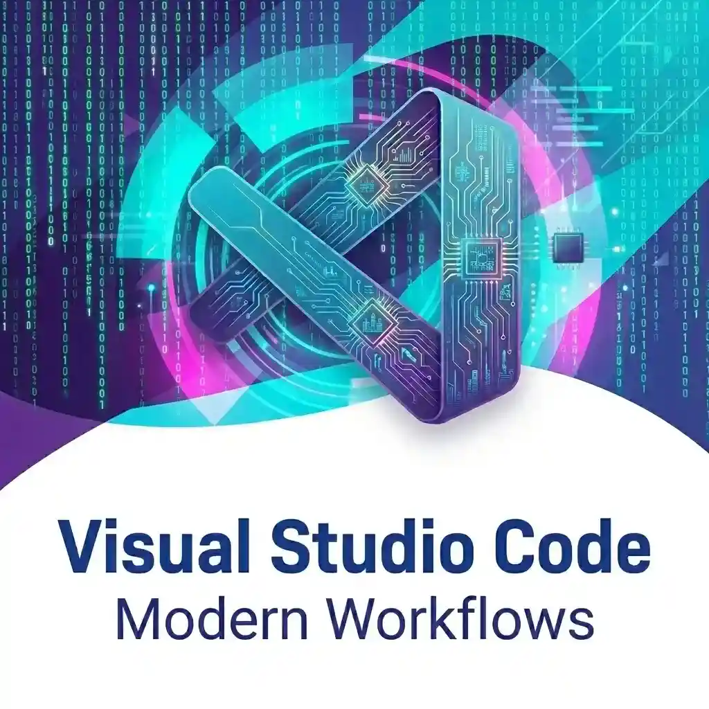 Visual representation of VS Code modern development workflows with binary code background and abstract interface elements.