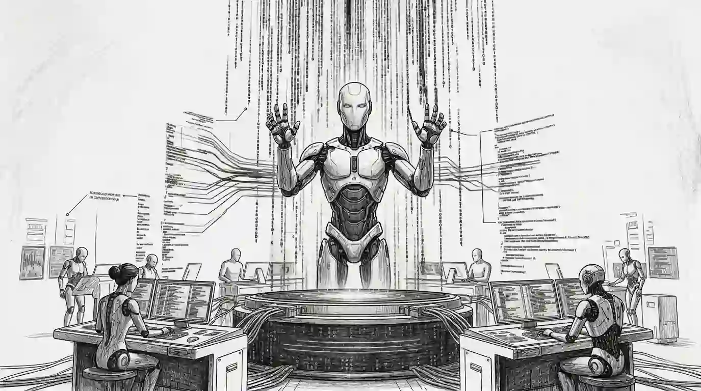 A technical sketch of a thinking robot analyzing a complex code editor window, featuring labels for Agentic Workflow, Context Window, and AI Agents with Python and Go programming language icons.