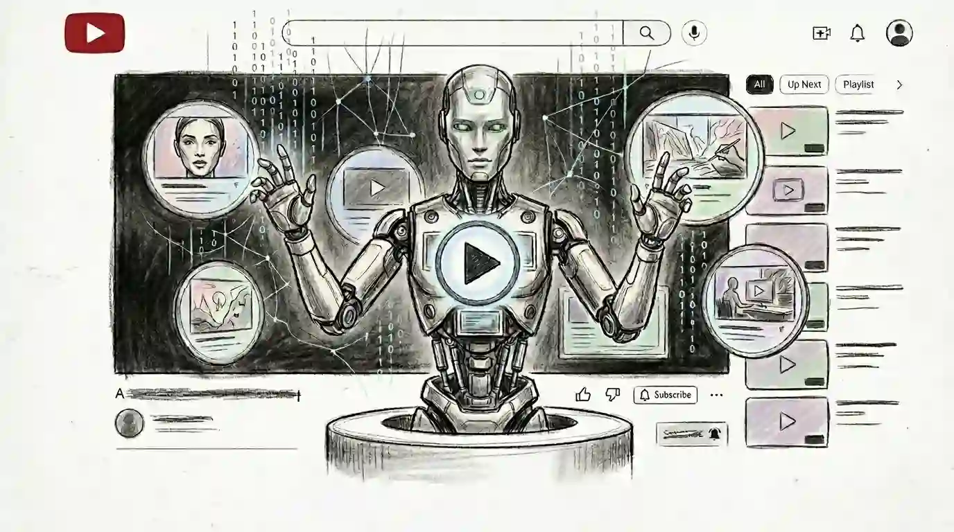 A technical sketch of an AI robot interacting with a video interface similar to YouTube, featuring circular previews of generative video content, digital symbols, and icons representing visual intelligence and text-to-video synthesis.