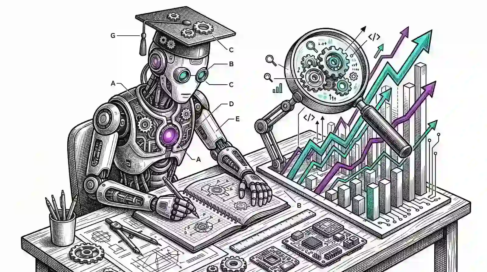 A technical sketch of a scholarly robot wearing a graduation cap, writing in a notebook while analyzing SEO performance charts through a magnifying glass, symbolizing academic AI tools and semantic content optimization.