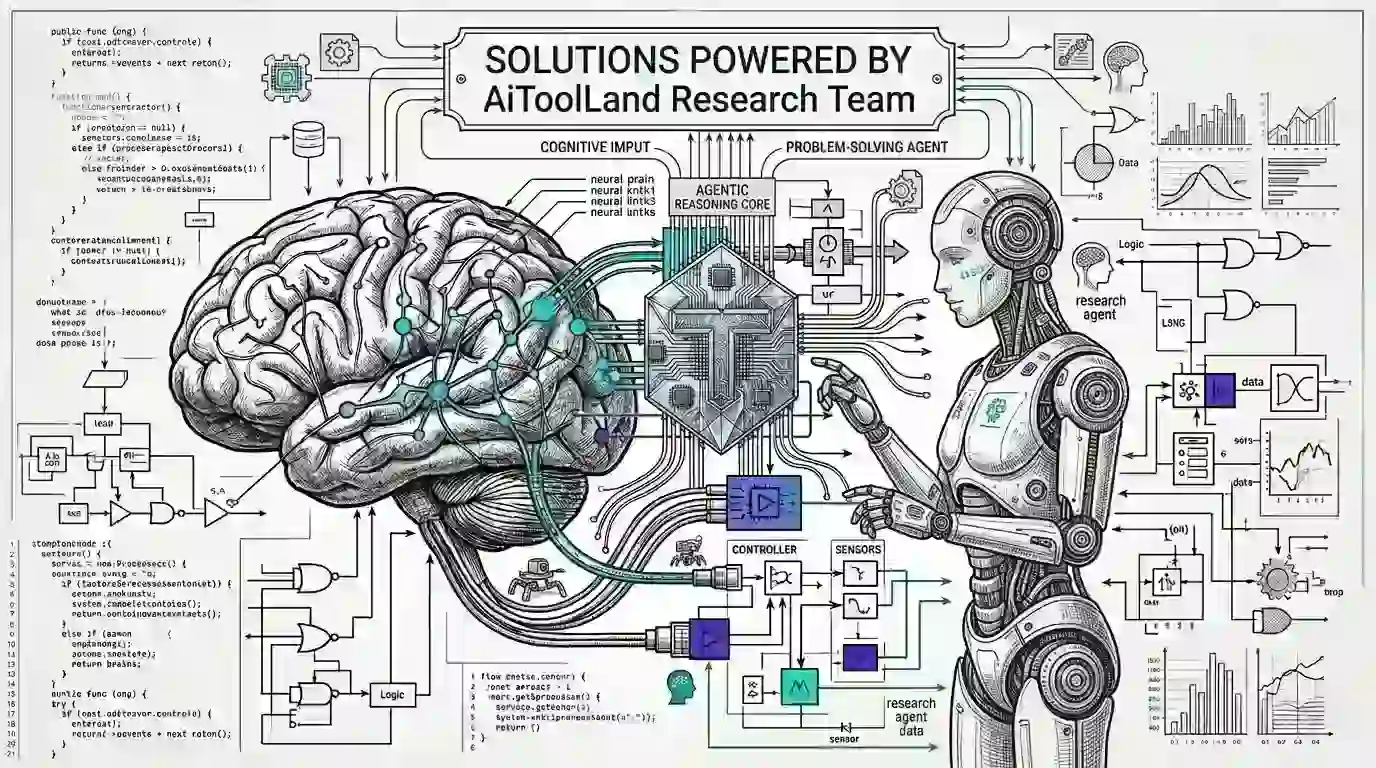 A detailed technical diagram by AiToolLand Research Team illustrating a human brain connected to an agentic reasoning core and a humanoid robot, featuring neural links, cognitive input flow, and autonomous AI agents.