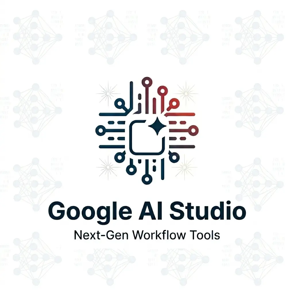 Google AI Studio interface concept showing the central agent logo and next-generation workflow tools branding on a clean white background.