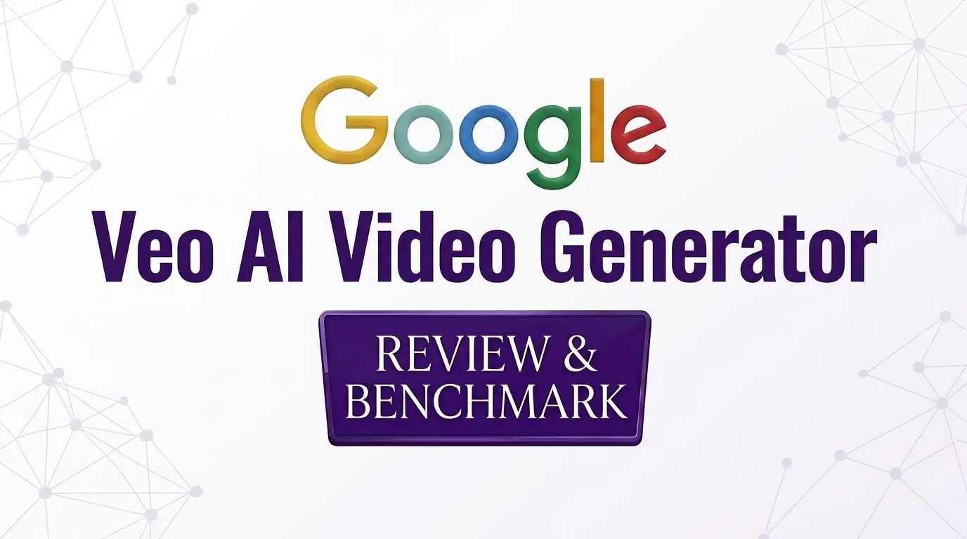 A professional banner for Google Veo AI video generator review and benchmark showcasing the Google logo and cinematic text.