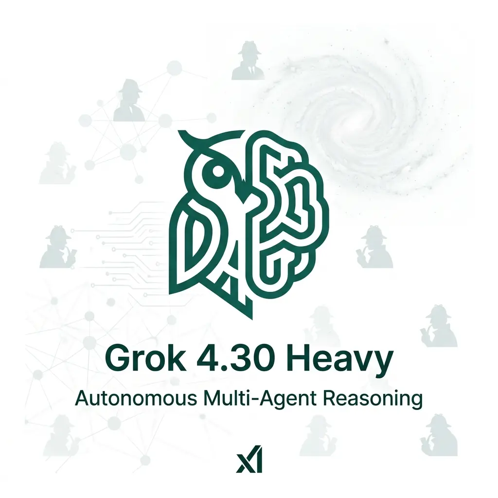 Technical diagram of Grok 4.30 Heavy mode showing multi-agent reasoning, neural brain owl icon, and xAI autonomous architecture on a white background.