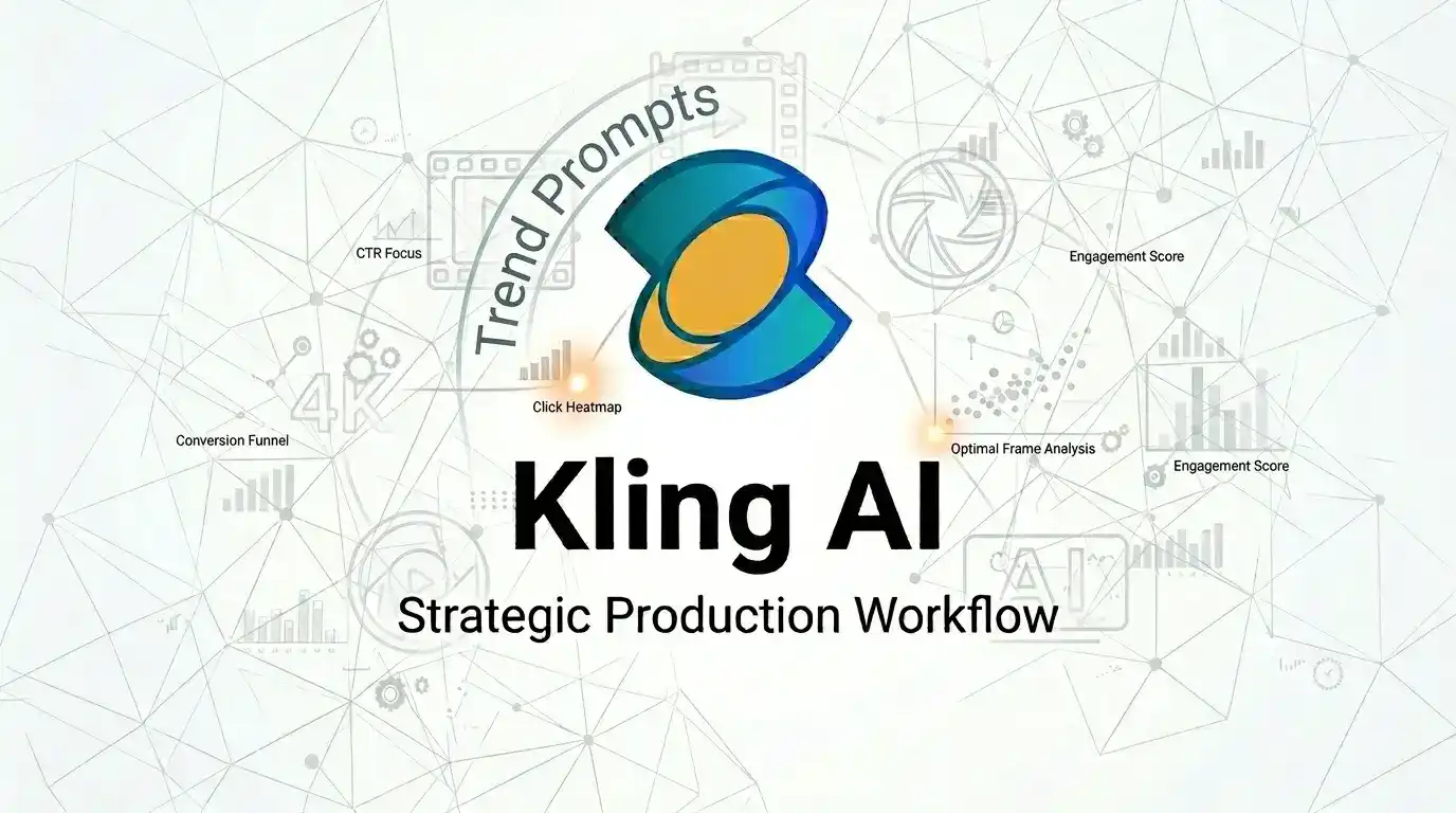 A technical infographic for Kling AI strategic production workflow featuring 4K video rendering metrics, engagement scores, and trend prompts for professional AI cinematography.