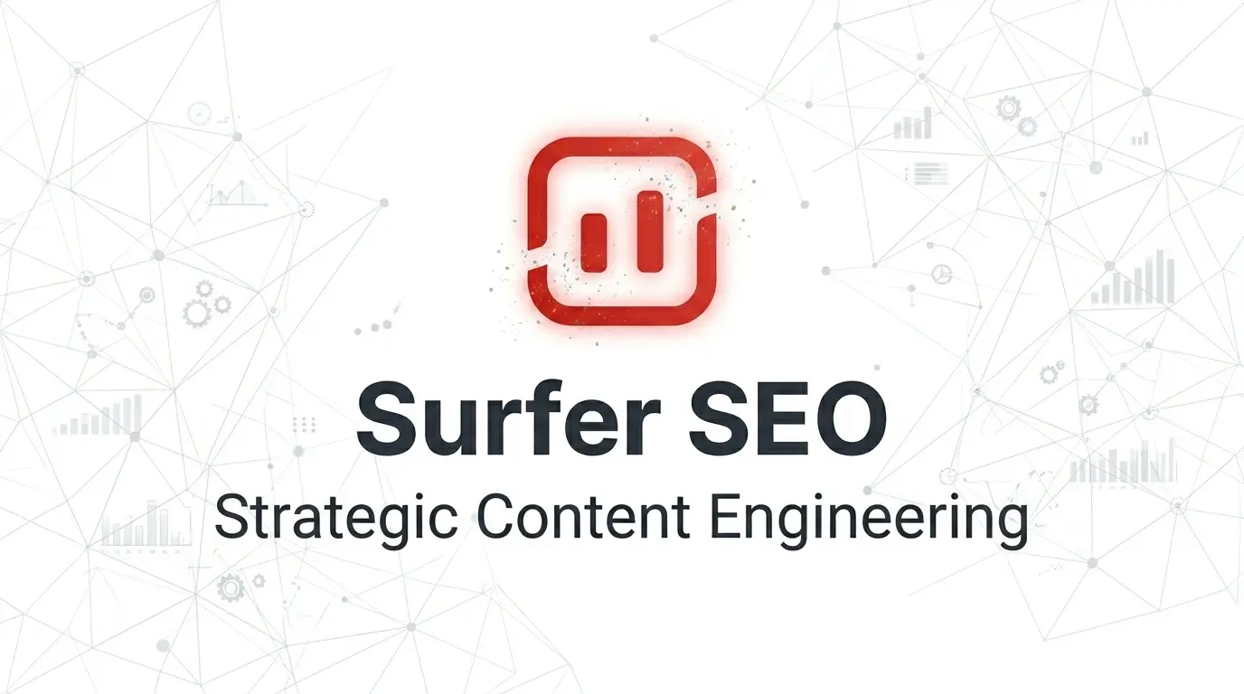 Technical infographic with Surfer SEO logo and Strategic Content Engineering text over data networks.